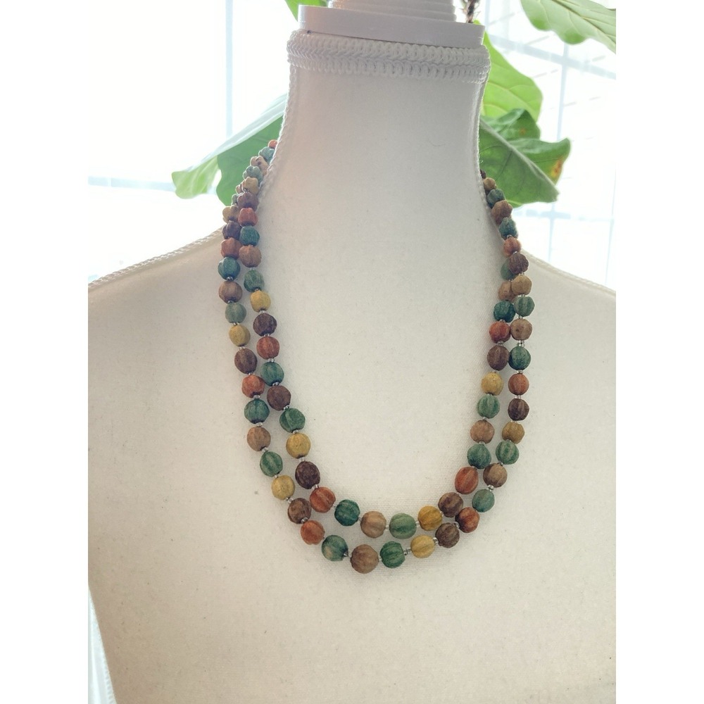Artisan Double Strand Multicolor Wood Bead Necklace Boho‎ Earthy Tones Wrap